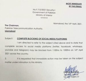 Pakistan Banned Social Media Notice